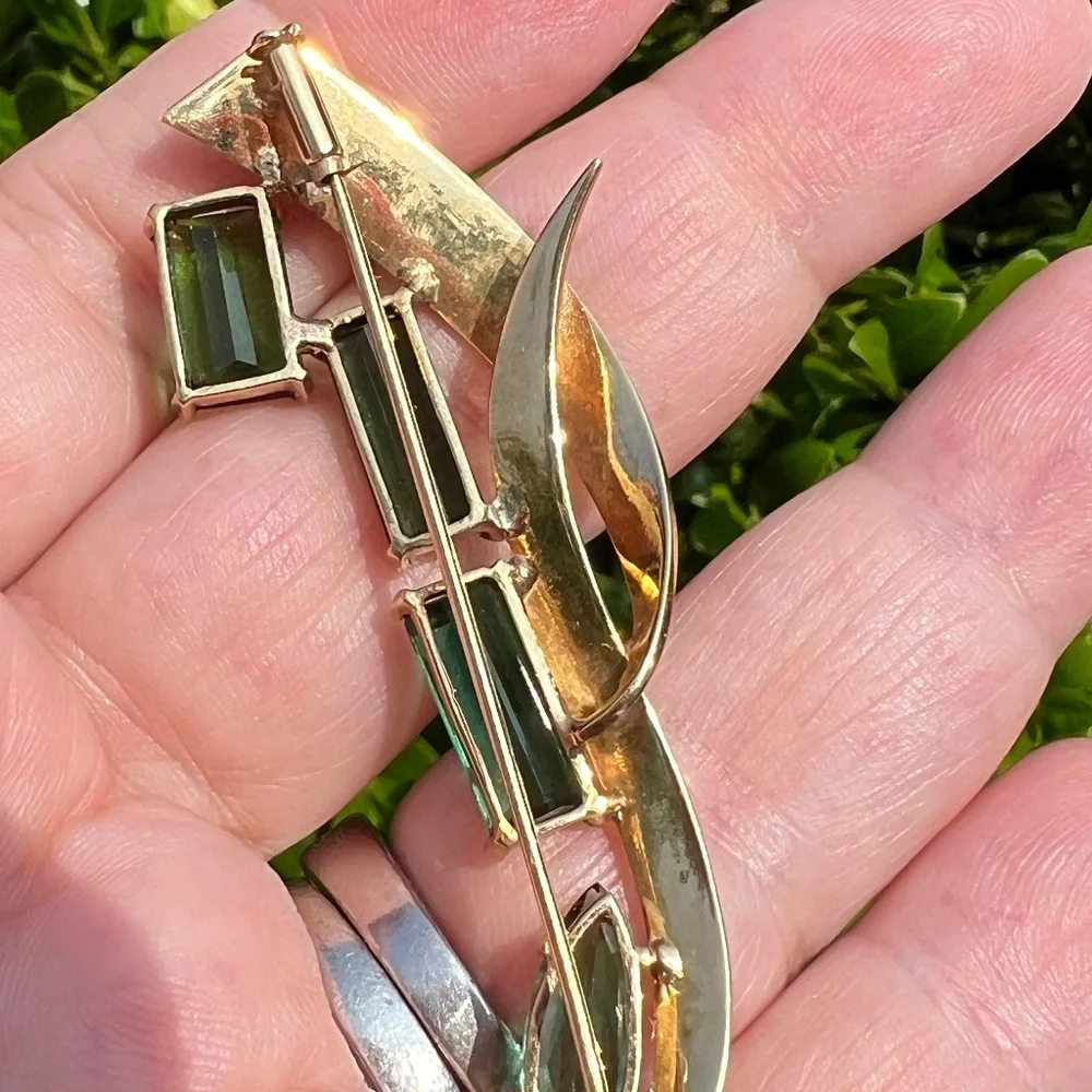 VINTAGE 18K GOLD CUSTOM LARGE GREEN TOURMALINE PIN BROOCH STATEMENT FLORENTINE